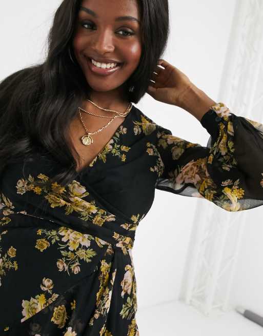 ASOS DESIGN Maternity wrap waist midi dress with double layer skirt and  long sleeve in black floral print | ASOS