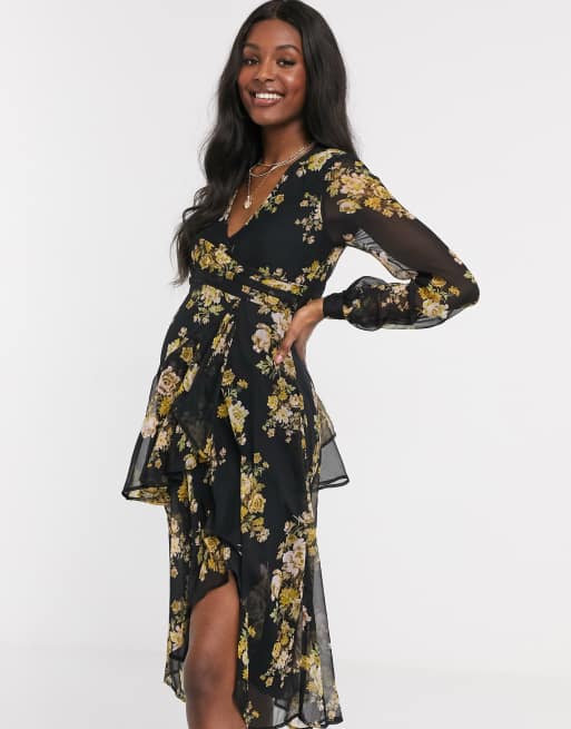 ASOS DESIGN Maternity wrap waist midi dress with double layer skirt and  long sleeve in black floral print | ASOS