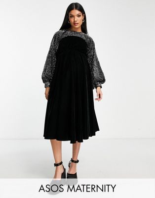 ASOS DESIGN Maternity yoke embellished detail midi dress in black velvet