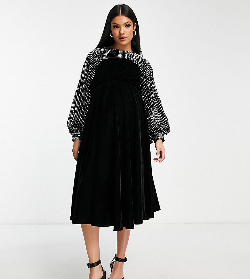 ASOS DESIGN Maternity yoke embellished detail midi dress in black velvet