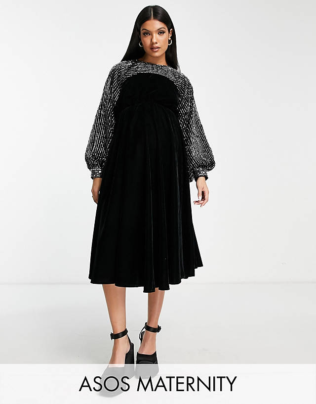 ASOS Maternity - ASOS DESIGN Maternity yoke embellished detail midi dress in black velvet