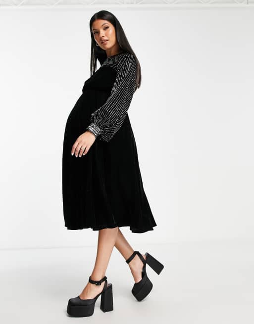 ASOS DESIGN Maternity yoke embellished detail midi dress in black