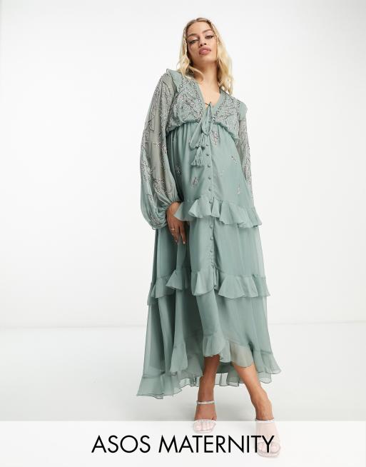 ASOS DESIGN Maternity - Zachte midi-jurk met knopen aan de voorkant en kraaltjes in bloemenpatroon in salie
