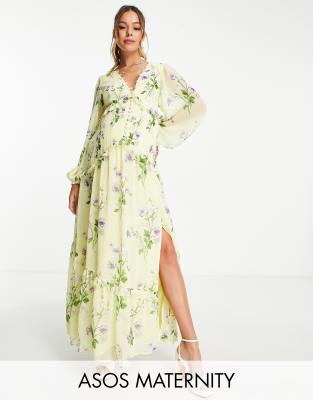 ASOS DESIGN Maternity – Żółta sukienka maxi z kwiatowym wzorem, zaszewkami i guzikami z przodu