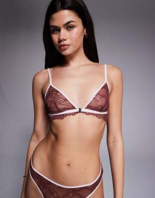 ASOS DESIGN - Matilda - Triangel-BH aus Spitze in Schokobraun und Rosa mit Frontverschluss und kontrastierender Borte-Br...