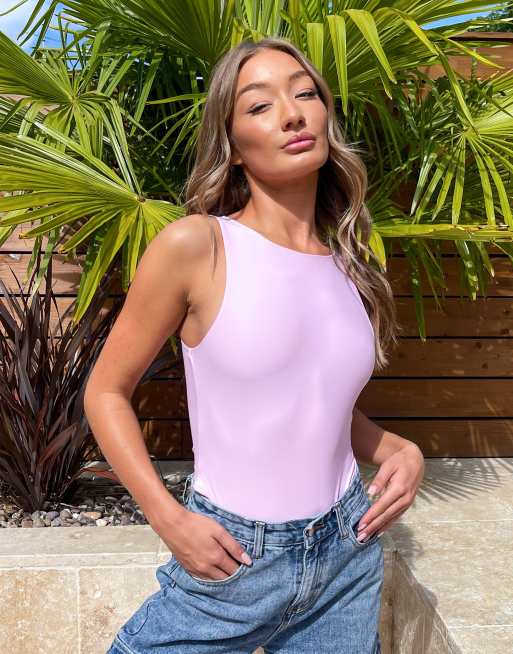 ASOS DESIGN matte disco double layered racer bodysuit in pink