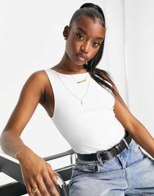 Asos Design Matte Disco Double Layered Racer Tank Top Bodysuit In White In White