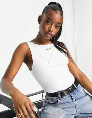 ASOS DESIGN MATTE DISCO DOUBLE LAYERED RACER TANK TOP BODYSUIT IN WHITE