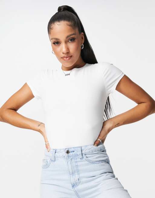 ASOS DESIGN shirt collar bodysuit with ruching in white