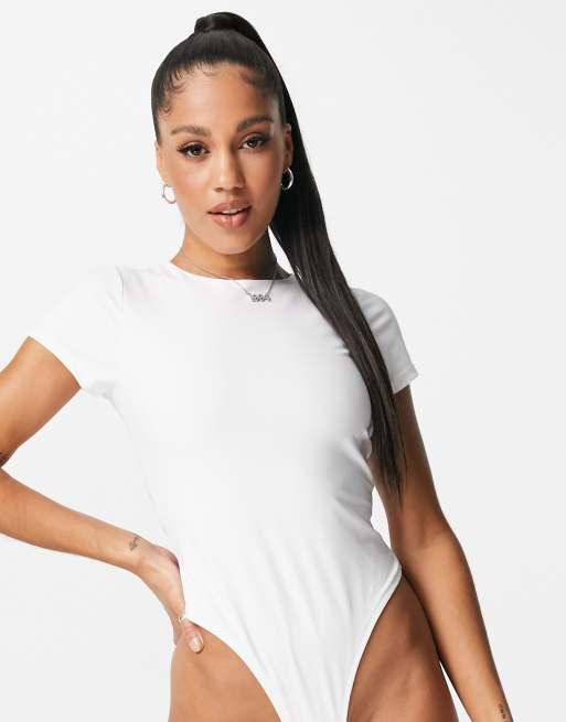 ASOS DESIGN shirt collar bodysuit with ruching in white