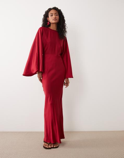 ASOS DESIGN matte satin batwing bias waisted maxi dress in red - view 1