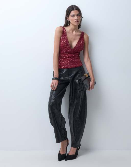 ASOS DESIGN matte sequin v neck cami top in berry, 2 of 5
