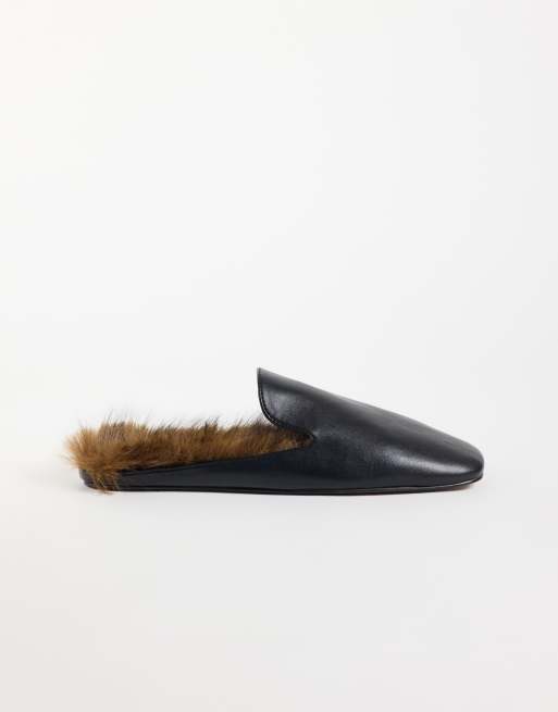 ASOS DESIGN Maura Mules im Slipper-Stil in Schwarz mit Faux-Fur, 2 von 4