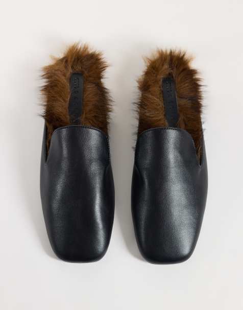 ASOS DESIGN Maura sabot stile slipper neri con pelliccia sintetica - view 1