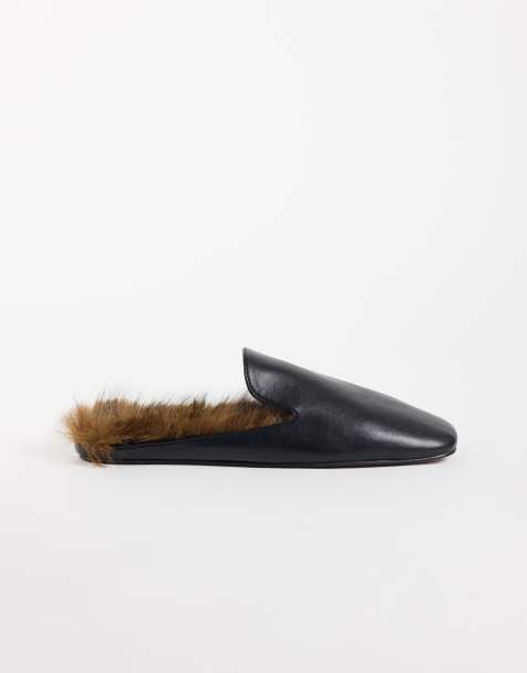 ASOS DESIGN Maura slipper style mules in black with faux fur - view 1