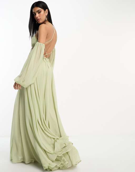 ASOS DESIGN - Maxi babydoll-jurk met gerimpelde buste, blote schouders en uitsnijdingen in licht kaki
