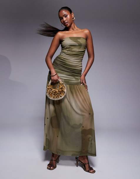 ASOS DESIGN maxi bandeau dress with ruched bodice and sheer skirt in print - view 1