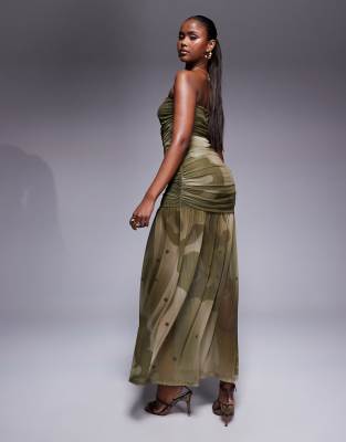 Asos Design Maxi Bandeau Dress With Ruched Bodice And Sheer Skirt In Multi