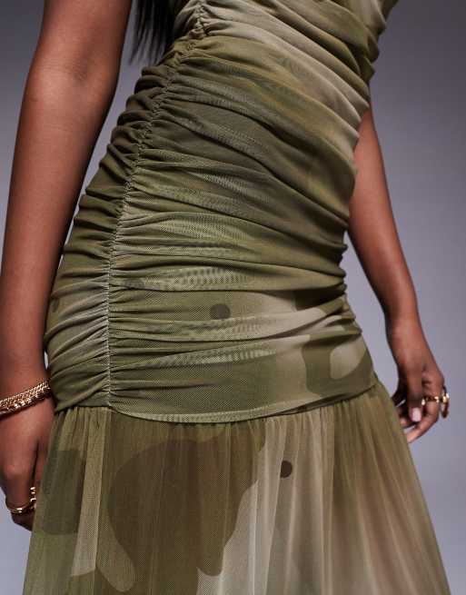 ASOS DESIGN maxi bandeau dress with ruched bodice and sheer skirt in print