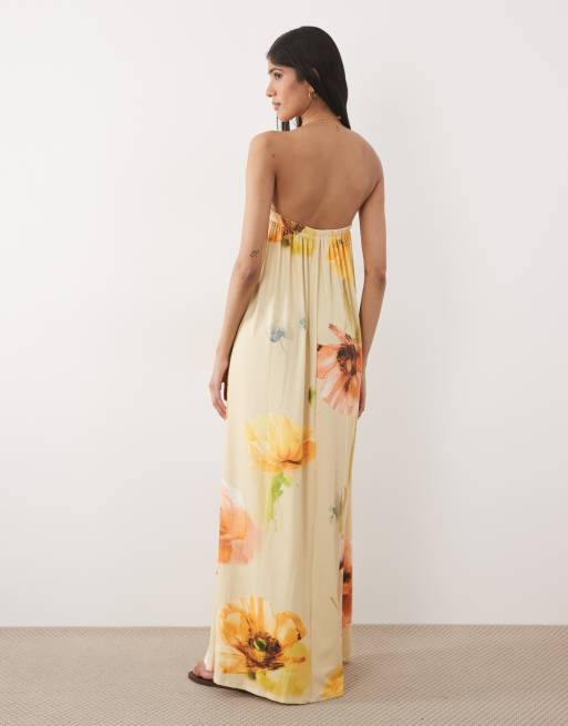 ASOS DESIGN - Maxi bandeau-jurk met bloemenprint in geel, 4 van 4