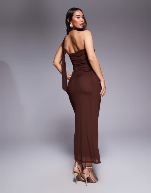 ASOS DESIGN - Maxi bandeau-jurk met mesh sjaaldetail in bruin, 4 van 4