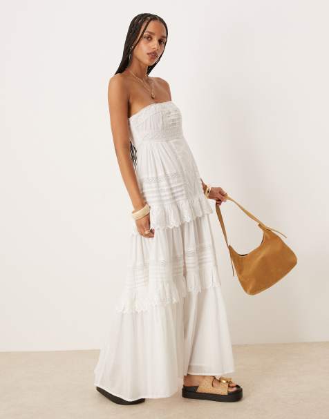 ASOS DESIGN - Maxi bandeau-jurk met plat gestikte plooien en kanten lagen in wit - view 1