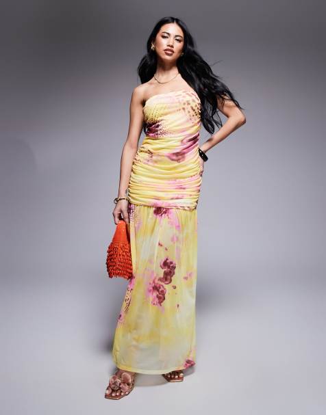ASOS DESIGN - Maxi bandeau-jurk met rimpeleffect en verlaagde taille in gele bloemen- en dierenprint - view 1