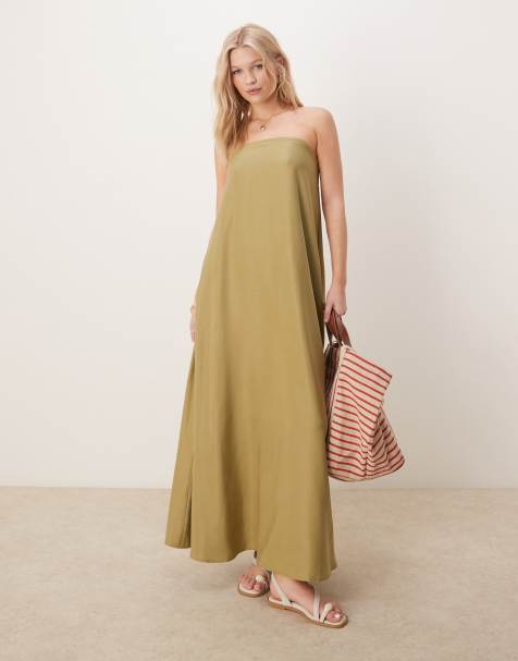 ASOS DESIGN - Maxi bandeau-jurk van cupro in olijfgroen - view 1