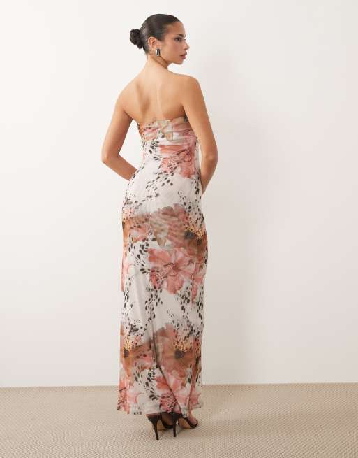 ASOS DESIGN - Maxi bandeau-jurk van doorschijnend mesh met gestippelde bloemenprint, 3 van 4