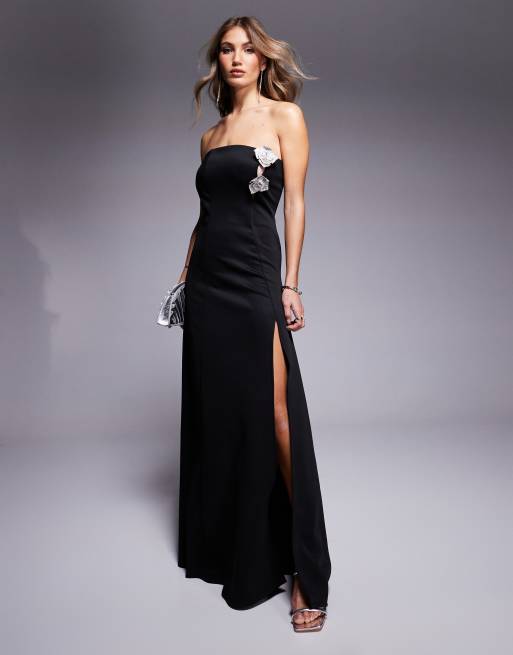 ASOS DESIGN - Maxi bandeau-jurk van scubastof met corsages met siersteentjes en hoge split in zwart