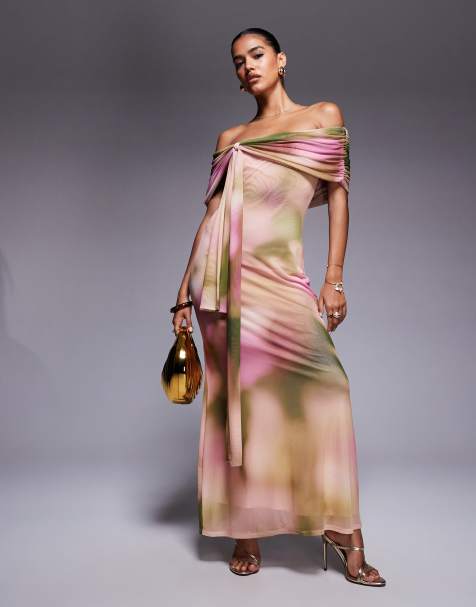 ASOS DESIGN - Maxi bardot jurk met knoopdetail en sjerp - view 1