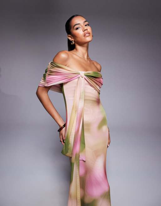 ASOS DESIGN - Maxi bardot jurk met knoopdetail en sjerp, 3 van 4