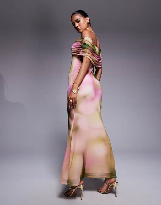 ASOS DESIGN - Maxi bardot jurk met knoopdetail en sjerp, 4 van 4