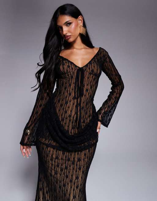 ASOS DESIGN - Maxi bardot-jurk met lange mouwen en kant in zwart, 2 van 4