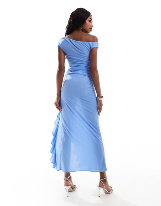 ASOS DESIGN - Maxi-bardotjurk met gedrapeerde halslijn en ruche in lichtblauw, 4 van 4