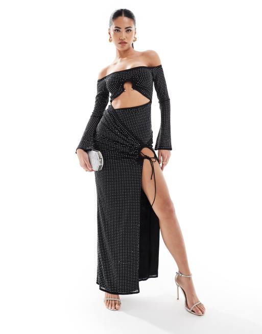 ASOS DESIGN - Maxi-bardotjurk met lange mouwen, hotfix siersteentjes in zwart