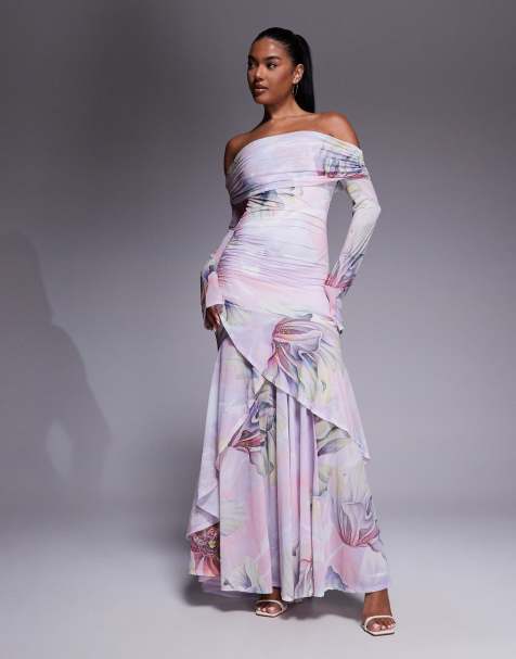 ASOS DESIGN - Maxi-bardotjurk van chiffon met stretch, lange mouwen en ruches aan de zoom in bloemenprint - view 1