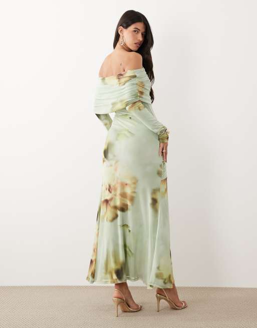 ASOS DESIGN - Maxi bardotjurk van mesh met drapering en ruches in bloemenprint, 4 van 4