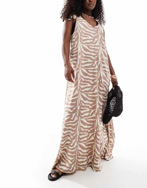 ASOS DESIGN maxi beach dress with tie shoulder detail in natural zebra print - view 1