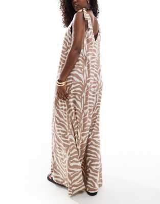 asos design maxi beach dress with tie shoulder detail in natural zebra print