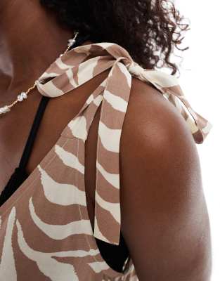 asos design maxi beach dress with tie shoulder detail in natural zebra print