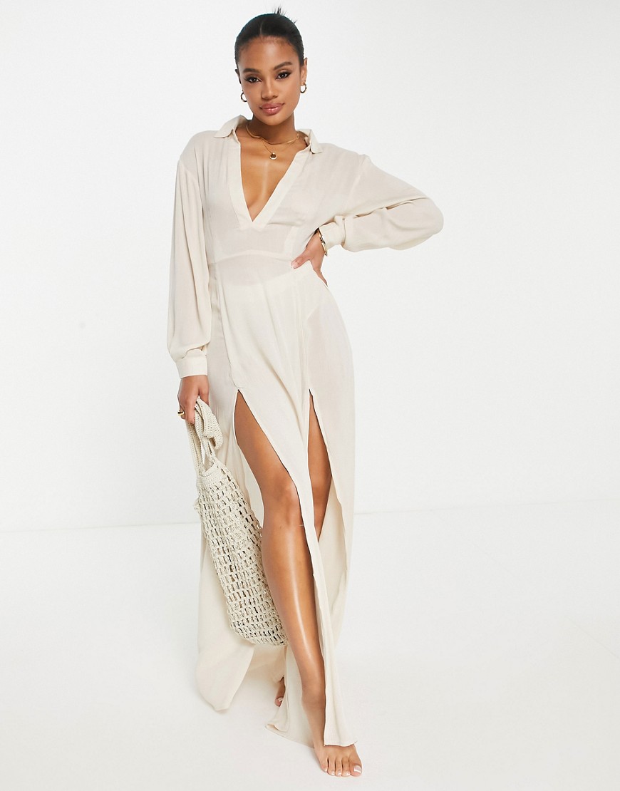 ASOS DESIGN maxi beach shirt dress in natural-White