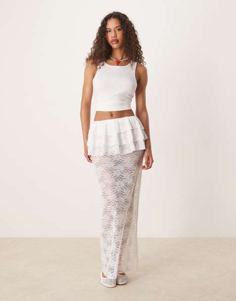 ASOS DESIGN – Maxi-Bleistiftrock aus Spitze in Elfenbeinweiß mit Rüschen an der Taille - view 1