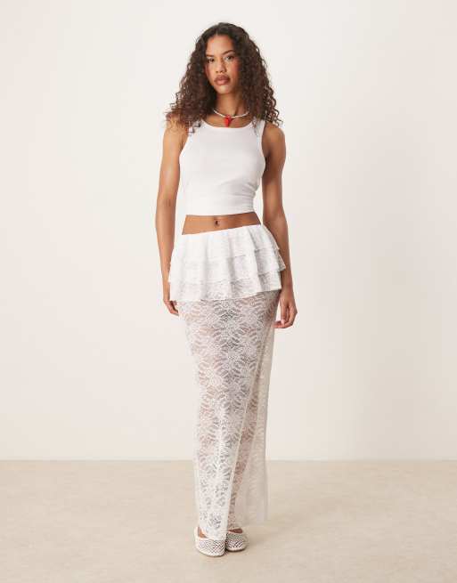 ASOS DESIGN – Maxi-Bleistiftrock aus Spitze in Elfenbeinweiß mit Rüschen an der Taille