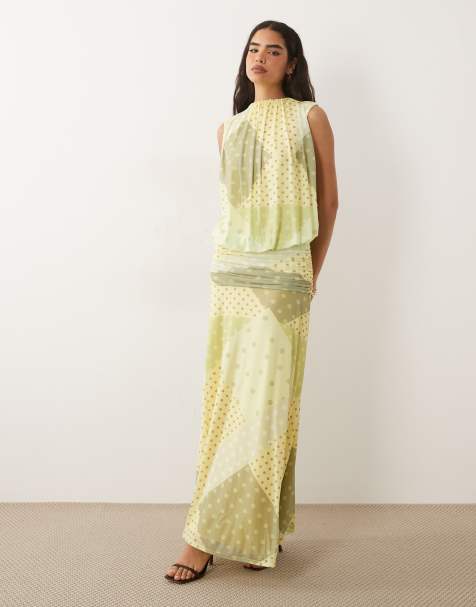 ASOS DESIGN - Maxi blousonjurk van mesh met gerimpelde rok met verlaagde taille en stippenprint in saliegroen - view 1
