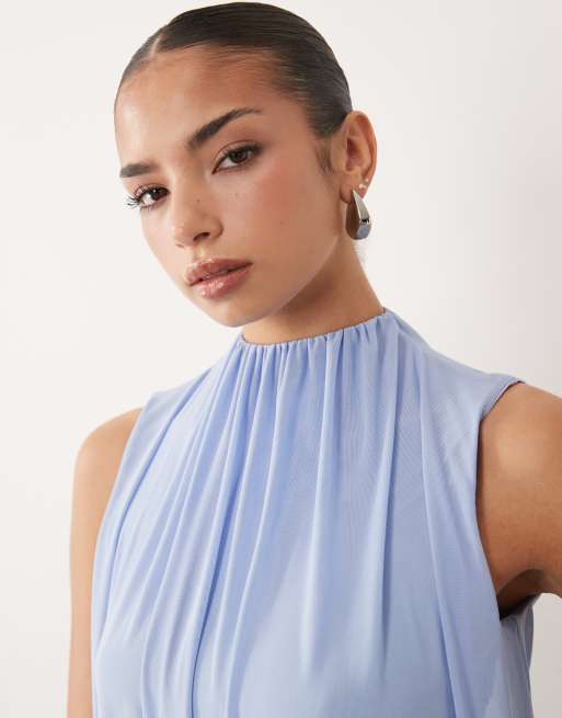 ASOS DESIGN - Maxi blousonjurk van mesh met gerimpelde rok met verlaagde taille in pastelblauw, 2 van 4