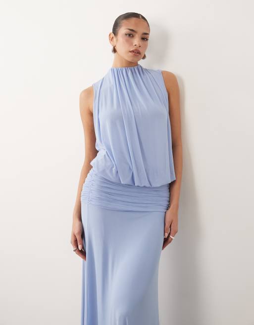 ASOS DESIGN - Maxi blousonjurk van mesh met gerimpelde rok met verlaagde taille in pastelblauw, 3 van 4