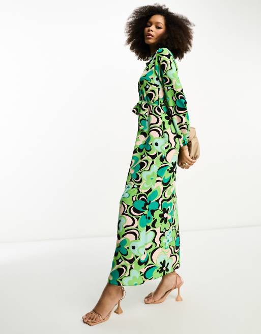 ASOS DESIGN – Maxi-Blusenkleid in | ASOS Grün Bindegürtel mit Retro-Blumenmuster großem und