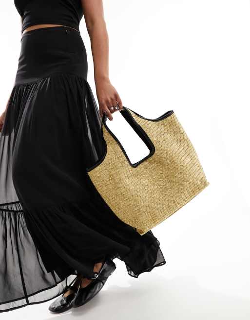 ASOS DESIGN Maxi borsa di paglia colore naturale con profili tubolari neri ASOS