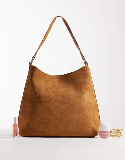 ASOS DESIGN - Maxi borsa in camoscio marrone con tracolla e dettagli metallo, 2 di 4